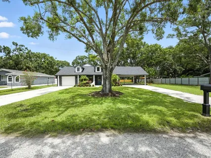 a view of a house with backyard and a tree
