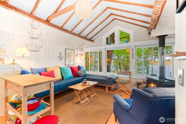 a garage with furniture and a chandelier