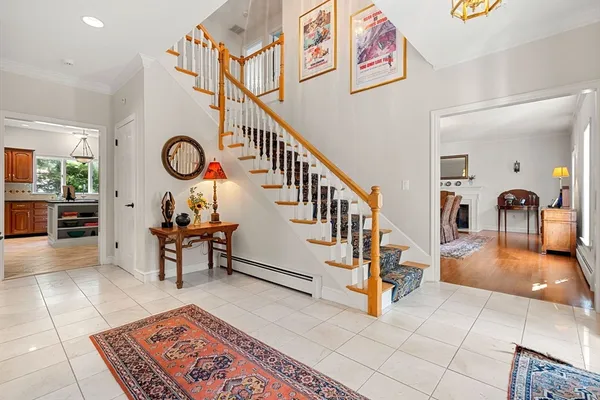 a living room with furniture and a table