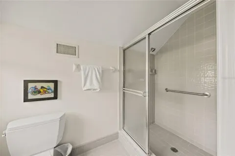 a bathroom with a shower and toilet