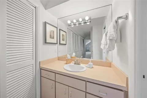 a bathroom with a sink a shower and a mirror