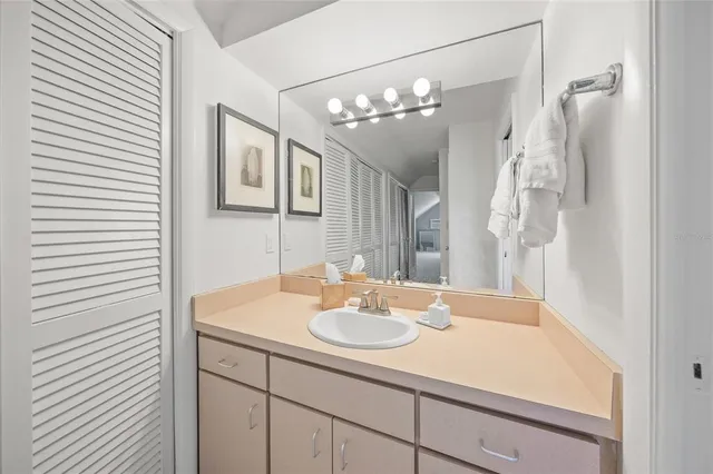 a bathroom with a sink a shower and a mirror