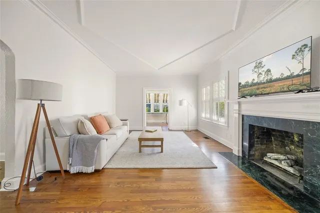 a living room with furniture and a fireplace