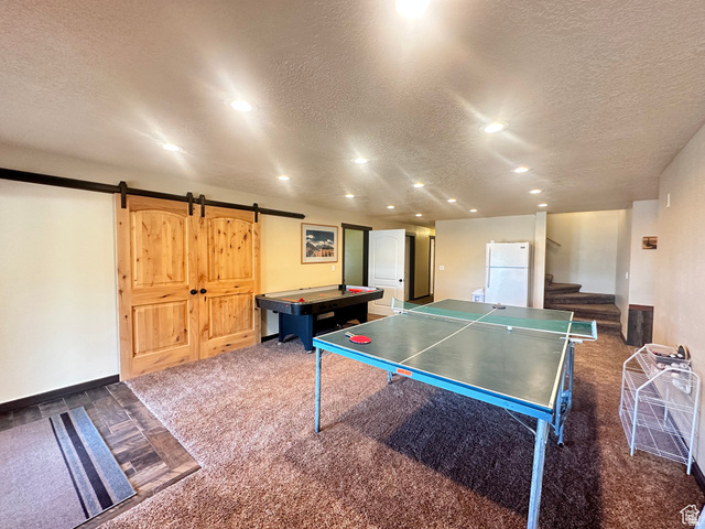 12 Crook Street Fish Haven, ID 83287 - Photo 32 of 35 Rec room featuring a barn door, a textured ceiling, carpet flooring, and recessed lighting