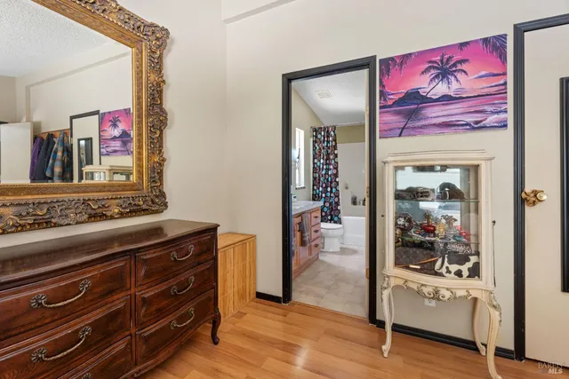 a view of a hallway with closet and furniture
