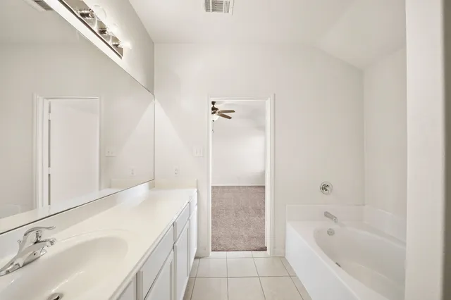 a bathroom with a tub sink and mirror