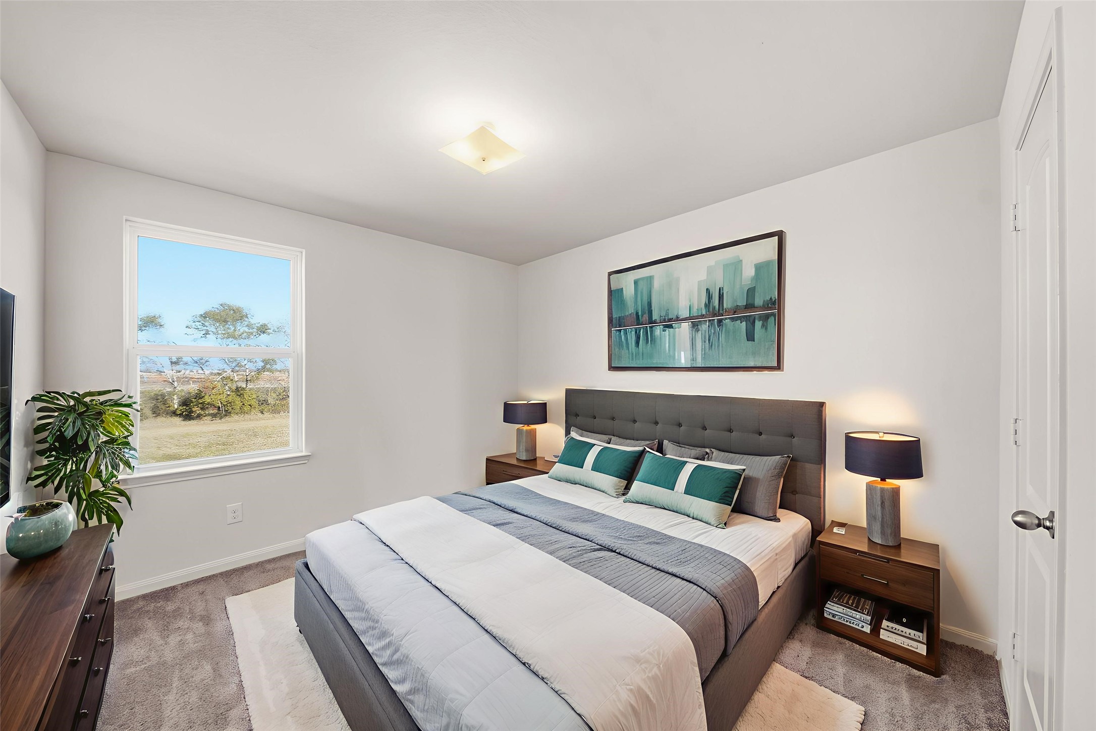1531 Loose Stone Drive Rosharon, TX 77583 - Photo 15 of 18 Virtually Staged: Secondary bedroom with carpet floors, a built-in closet, a ceiling fan, and a window with privacy blinds.