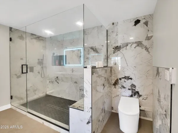 a bathroom with a shower and a toilet