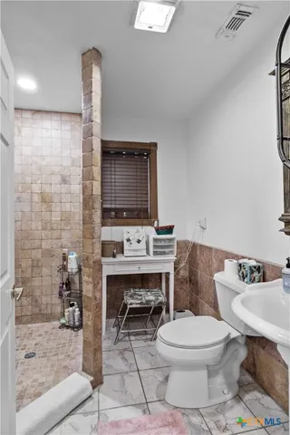 a bathroom with a toilet a sink and a mirror