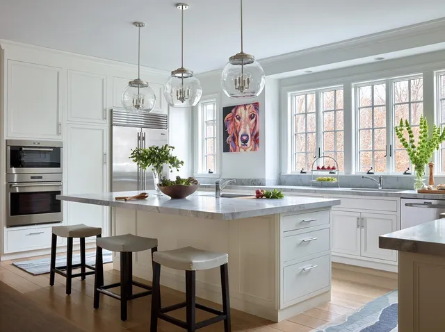 a kitchen with stainless steel appliances granite countertop a stove a sink dishwasher a dining table and chairs with wooden floor