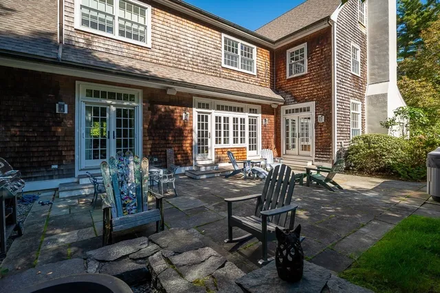 an outdoor space with seating area