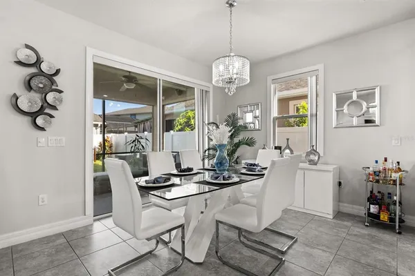 a view of a dining room and workspace
