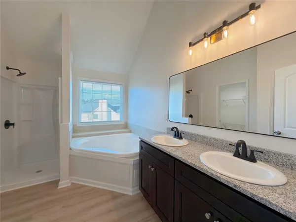 a bathroom with a granite countertop sink and a bathtub