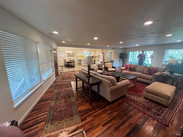 a living room with lots of furniture and a rug