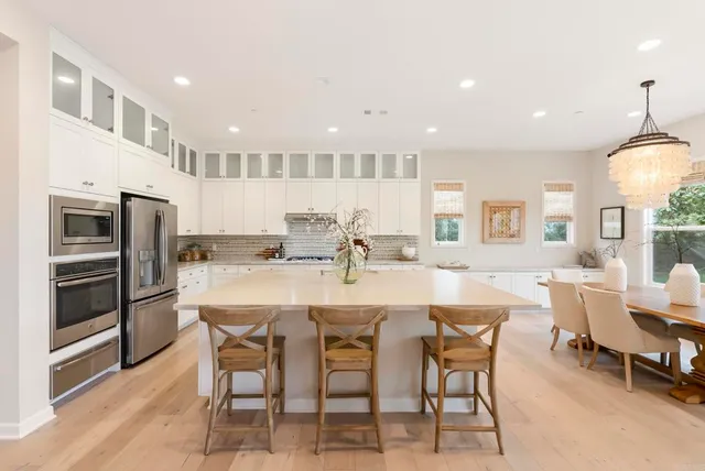 a view of a dining room with furniture