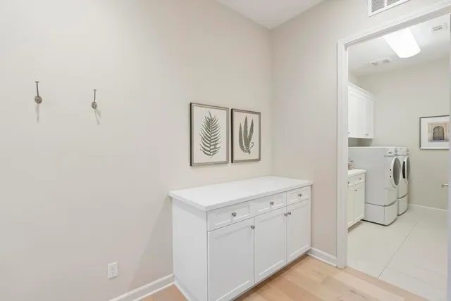 a view with cabinets