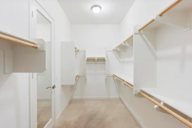 a view of walk in closet with white walls and door