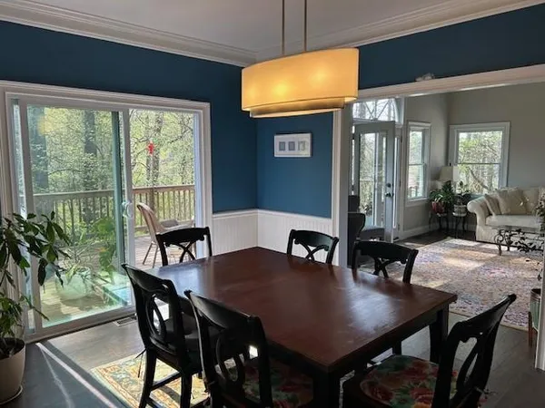 a view of a dining room with furniture and wooden floor