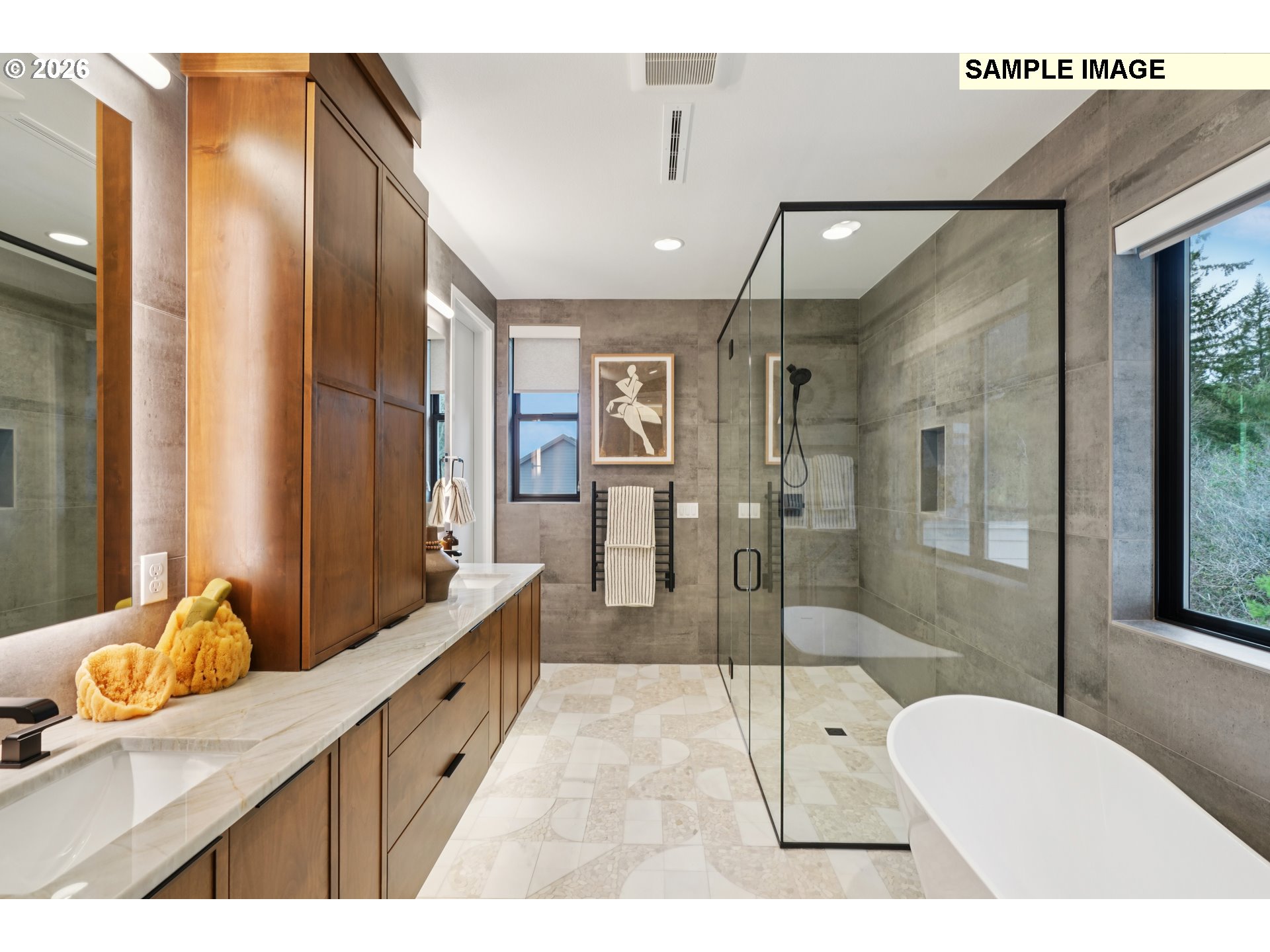 5255 North 94th Avenue Camas, WA 98607 - Photo 8 of 15 a bathroom with a granite countertop sink a mirror a bathtub and shower
