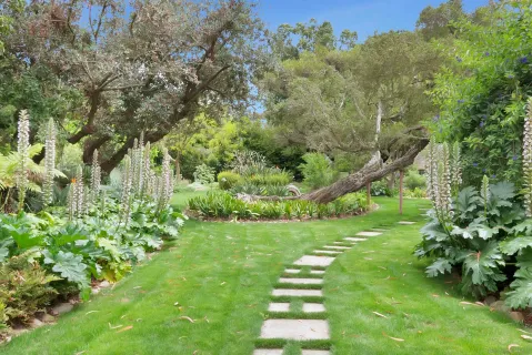 a living room with furniture a fireplace and a large window