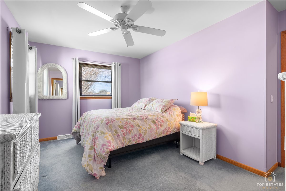 216 Evergreen Street Addison, IL 60101 - Photo 20 of 43 a spacious bedroom with a bed and a chandelier