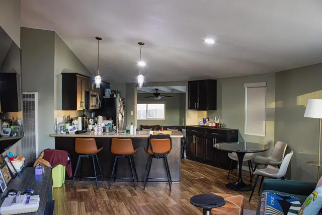 a view of a dining room with furniture