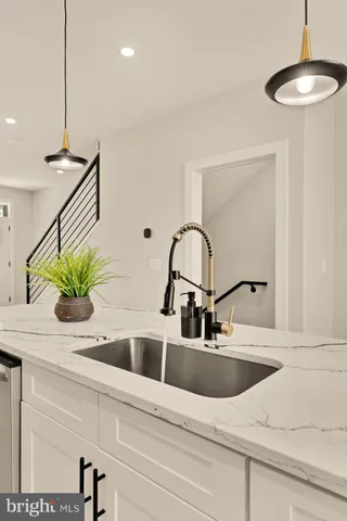 a kitchen with a sink and a potted plant