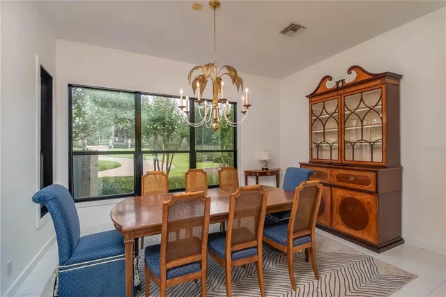 a view of a dining room with furniture window and outside view