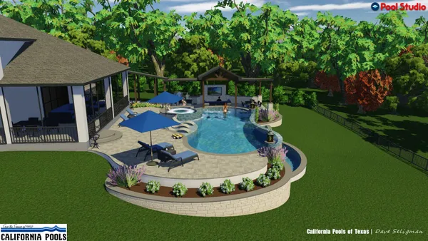 a view of a swimming pool with sitting area