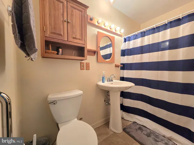 a bathroom with a sink a toilet a mirror and shower curtain