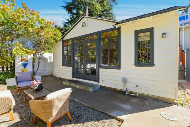 a building outdoor space with patio furniture