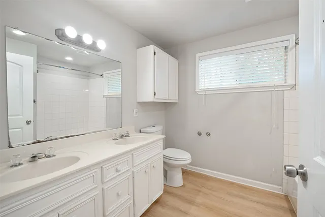 a bathroom with a double vanity sink a mirror and a toilet
