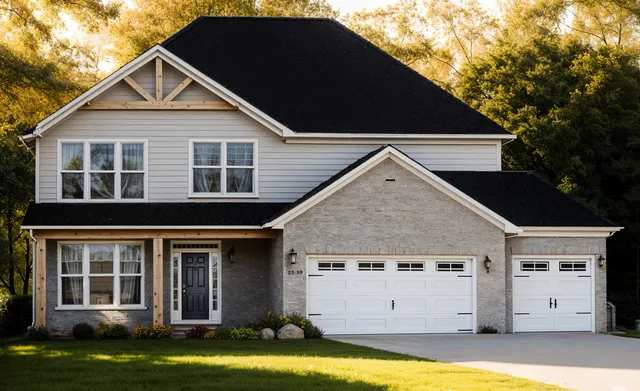 a view of a house with a yard plants and large tree