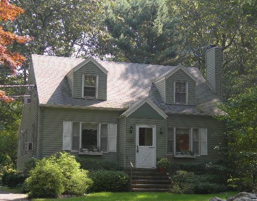 a front view of a house with yard and green space