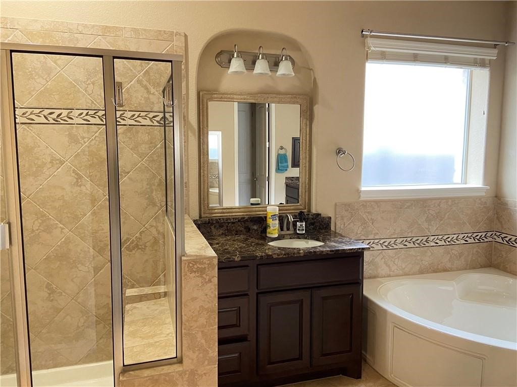 3216 Herradura Drive Cedar Park, TX 78641 - Photo 11 of 35 a bathroom with a double vanity sink and a bathtub