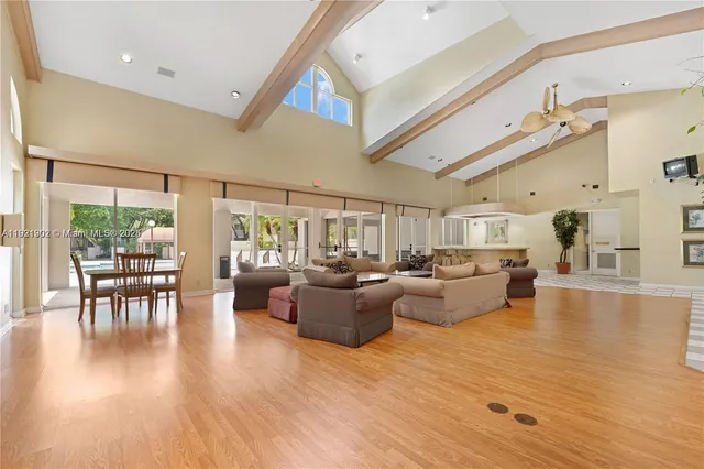 a view of a park with large trees