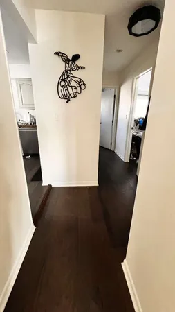 a view of a hallway with wooden floor