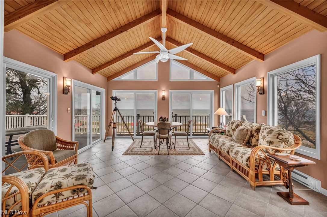 4741 Lake Road West Ashtabula, OH 44004 - Photo 17 of 43 Sunroom featuring wood ceiling, vaulted ceiling with beams, and ceiling fan