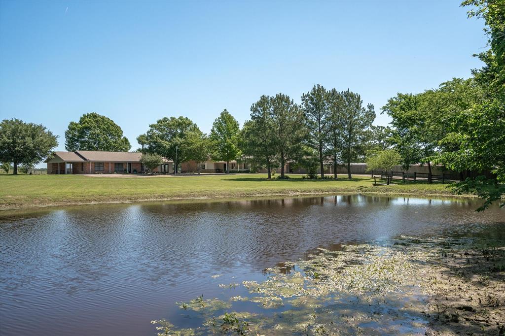 a view of a lake with a yard and trees