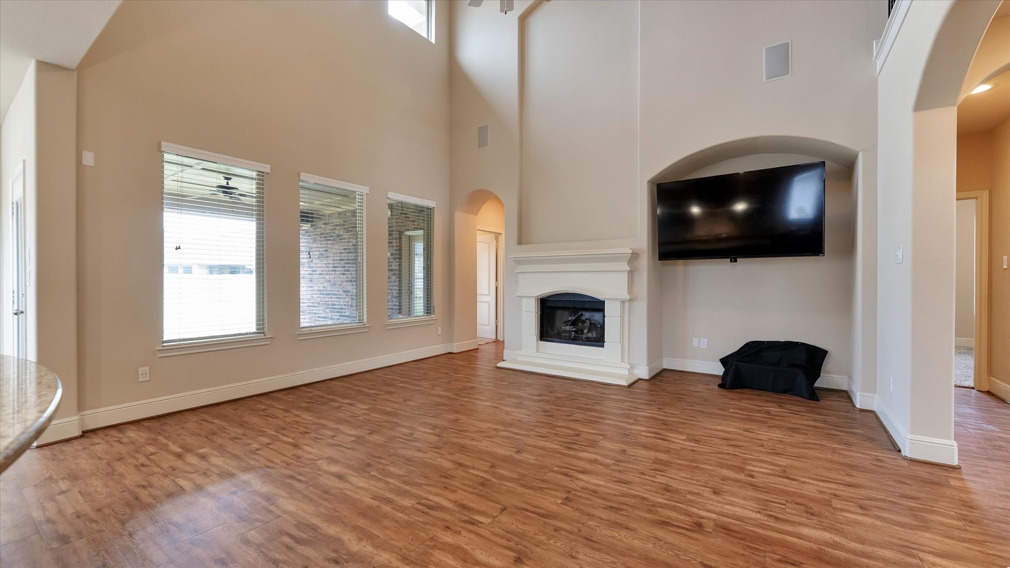 17211 Green Darter Conroe, TX 77385 - Photo 11 of 48 Spacious 2-story living room with high ceilings, wood floors, and large windows for natural light. Features a fireplace for a cozy feel.