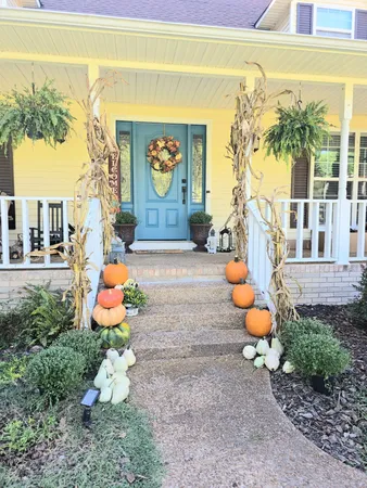 a front view of a house with a yard and potted plants