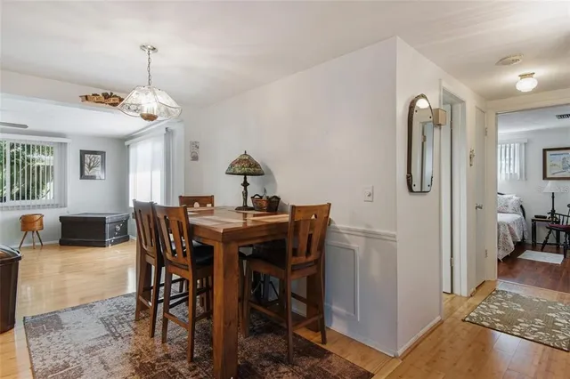 a view of a dining room with furniture