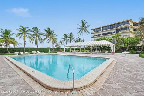a view of a swimming pool with a yard and palm trees