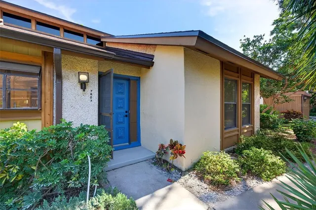 a view of a house with potted plants