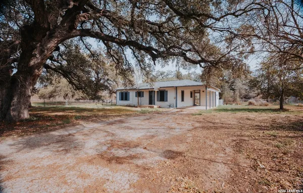 a front view of house with yard and trees around
