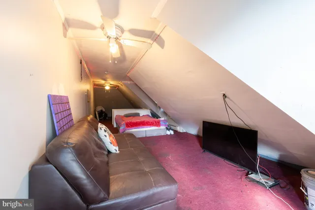 a living room with a couch and a potted plant