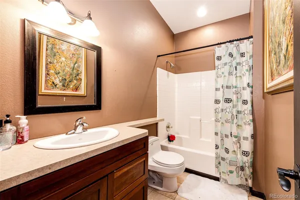 a bathroom with a sink a toilet a shower curtain and a large mirror