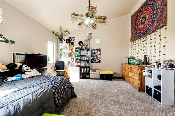 a bedroom with a bed a couch and dresser