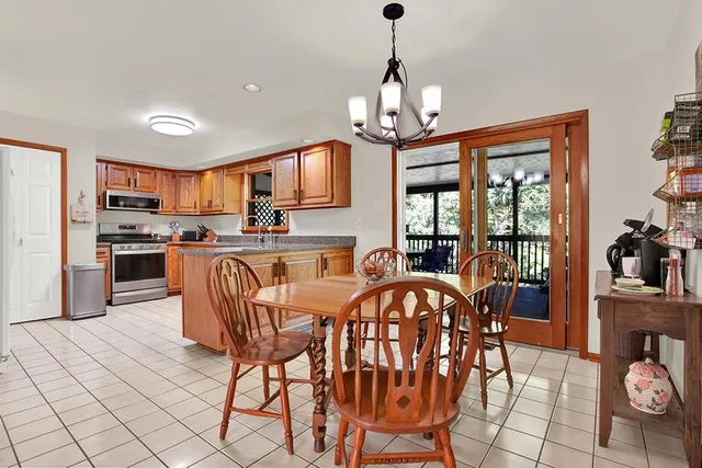 a view of a dining room with furniture large window and wooden floor