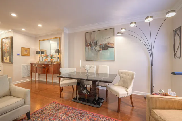 a view of a dining room with furniture